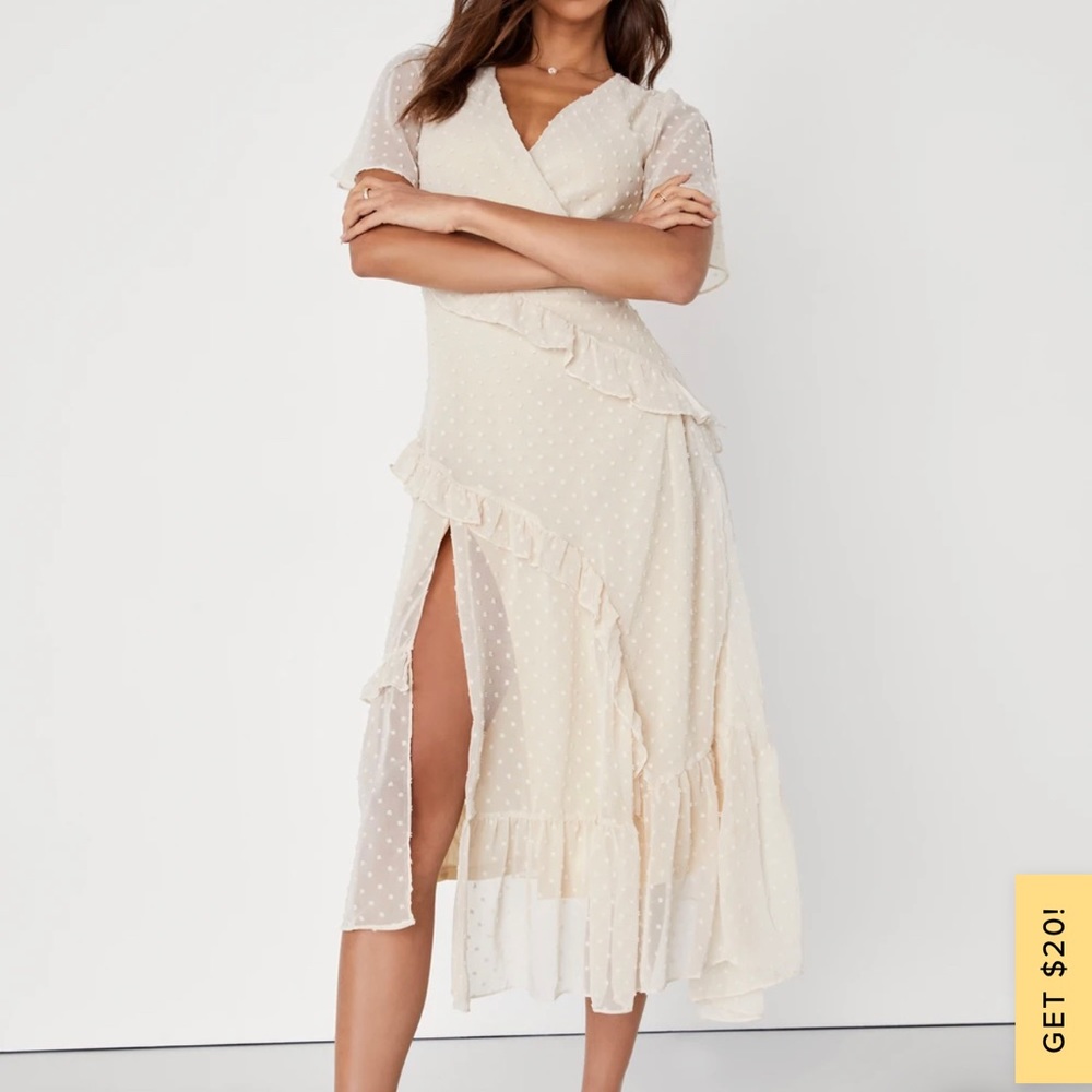 NWT Lulu’s Next to You Cream Swiss Dot Ruffled Midi Dress - Picture 7 of 8